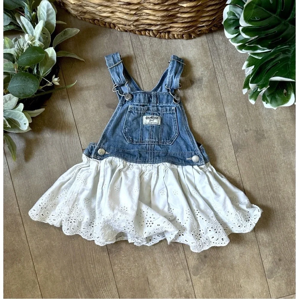 OshKosh B'gosh Blue and White Denim Eyelet Overalls Jumper Dress 18m Girl